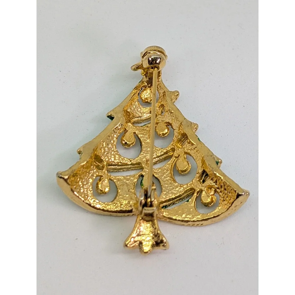 Vintage‎ Christmas Tree Gold-Tone Red Drop Rhinestone Brooch Pin